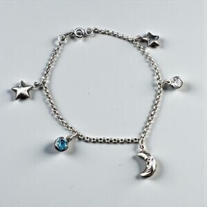 Sterling Silver Celestial Charm Bracelet Moon Star Crystal 925 Rolo Chain 7.5”